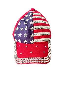 Rhinestone American Flag Baseball Cap Patriotic Bling USA Adjustable Hat
